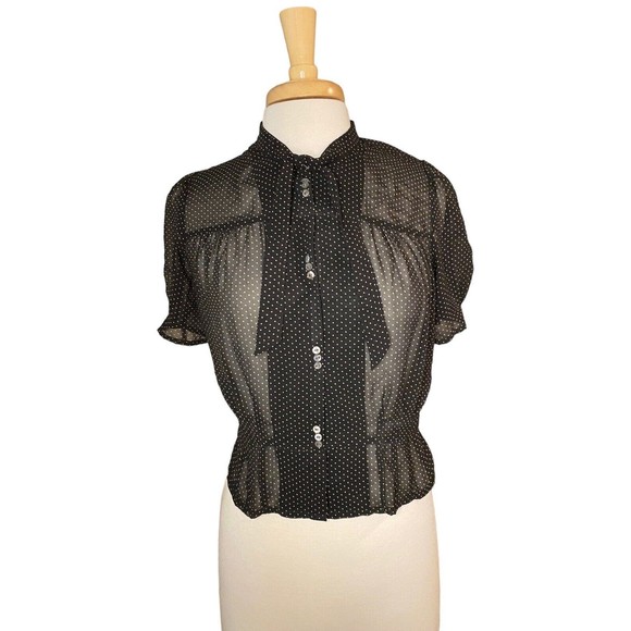 FLETCHER by LYELL Black Sheer Print Tie Neck Short Sleeve Blouse sz Small - Picture 1 of 7